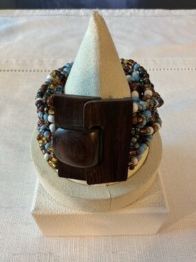 Seed Bead Multi Strand Stretch Bracelet with Wood Clasp
